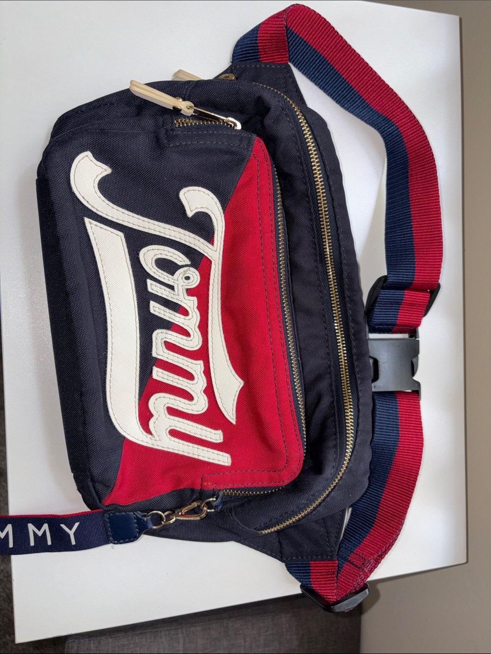 Vintage Tommy Hilfiger Navy, Red and white Belt Bag with Script Logo